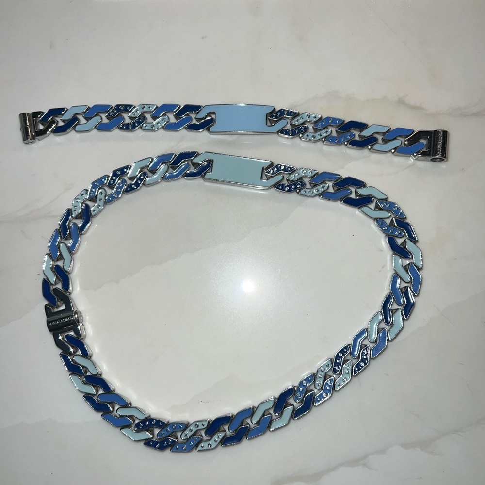 Louis Vuitton LV Chain Links Blue and Silver Necklace and Bracelet Set